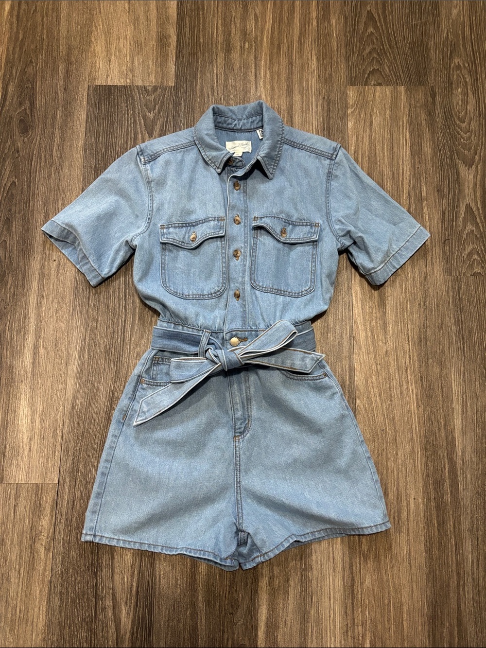Universal Thread Light Blue Denim Short Sleeve Romper with Tie Waist